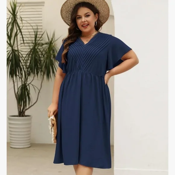 Navy V-Neck Flutter Sleeve Dress - Picture 5 of 10